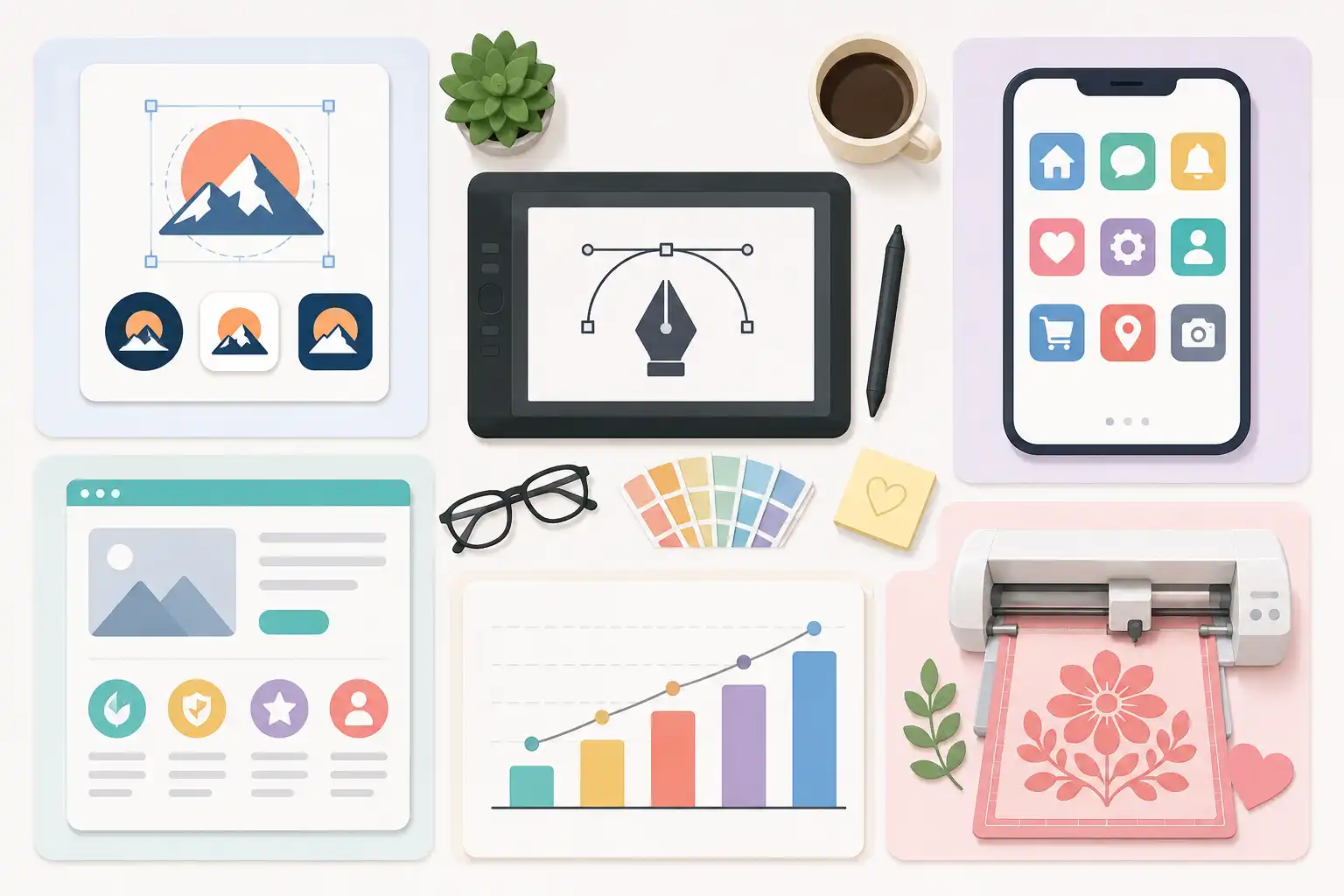 Illustration of common SVG use cases including logos, icons, websites, and craft cutting designs